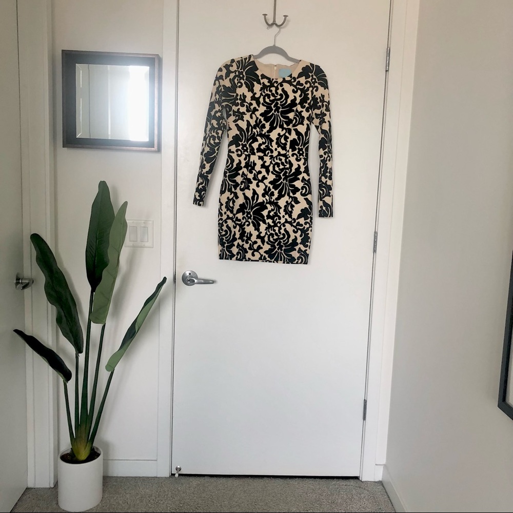 Cece by Cynthia Steffe - cream/black paisley design. Long sleeve, mini dress.